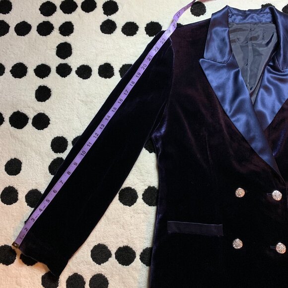 Vintage 90s Tuxedo 2 Pc Suit Set Navy Velvet Blazer Jacket Satin High Rise Pants - Picture 8 of 16
